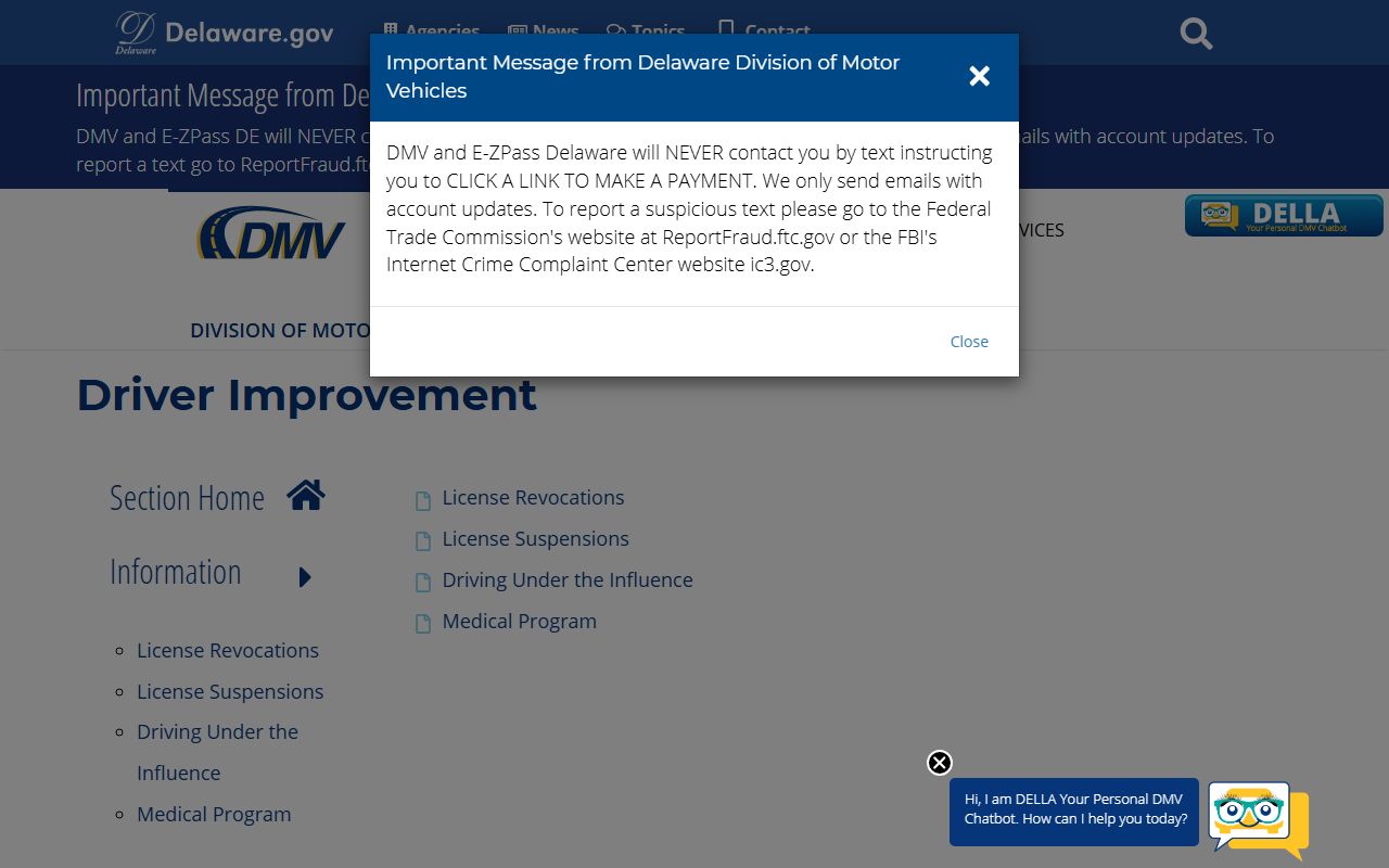 DMV driver improvement and DUI programs Delaware DUI records